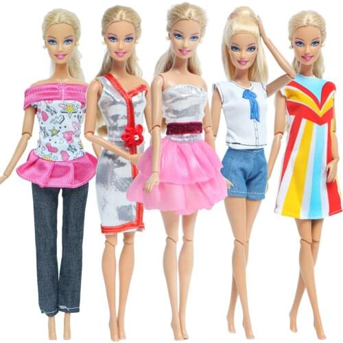 5 Pcs Doll Outfit Handmade Clothes Pink Mini Dress Party Wear Daily T-shirt Trousers Pants Skirt for Barbie Doll Accessroies Toy