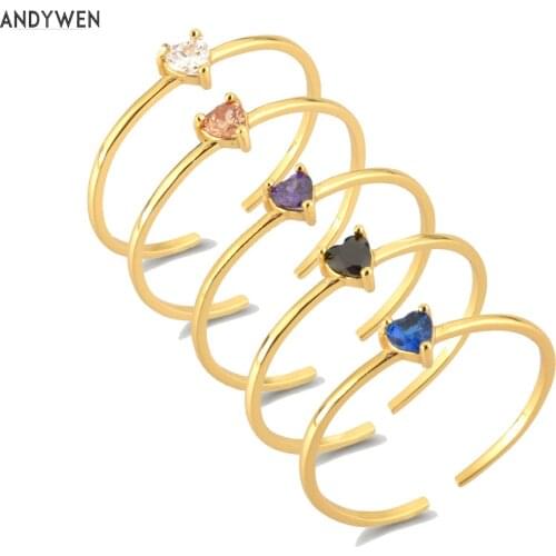 ANDYWEN 925 Sterling Silver Gold Heart Zircon Adjustable Rings Resizable Luxury Fashion Jewelry 2020 Wedding Jewels Party