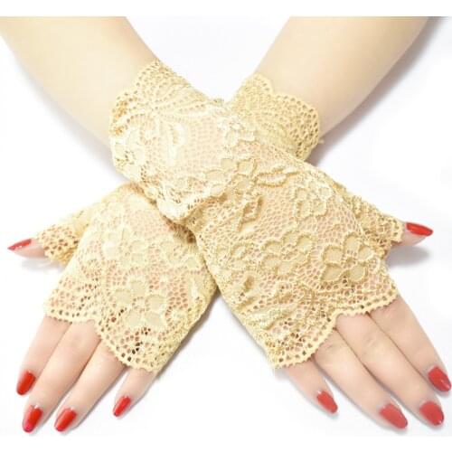 Beige Womens Short Lace Gloves Fingerless for Driving Wedding Wrist Length Bridal Prom Gloves Sunblock Floral Party Gloves