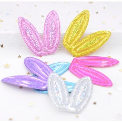 Wholesale 60Pcs Glitter Laser PU Fabric Pads Patches Rabbits Ears Appliques for Crafts Clothes Decor DIY Headwear Hair Clips F49