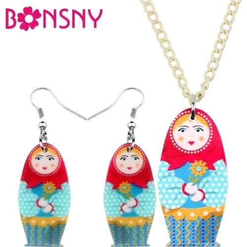 Bonsny Acrylic Matryoshka Russian Doll Earrings Necklace Earrings Jewelry Sets Teens Girl Charms Party Gift Ethnic Decorations
