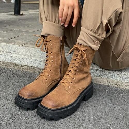 British Style Western Martin Boots Suede Leather Female Lace-up Handsome Motorcycle Boots Leisure Platform Boots Shoes Woman