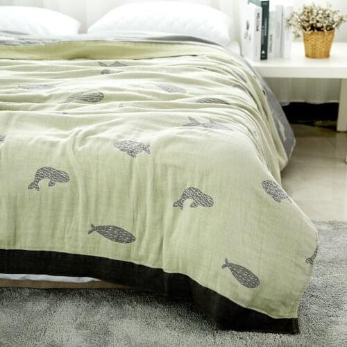 Cotton Muslin Towel Throw Blanket for Beds Picnic Travel Airplane Summer Soft Bedding Coverlet Kids Bedspread Queen King(Fish)
