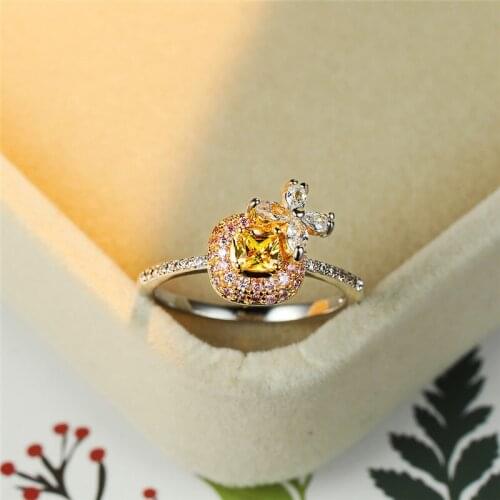 Dainty Female Pink Crystal Stone Ring Charm Silver Color Zircon Wedding Ring Trendy Butterfly Thin Engagement Rings For Women