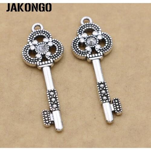 JAKONGO Antique Silver Plated Key Charms Pendants for Jewelry Accessories Making Bracelet Findings 42x15mm 5pcs/lot