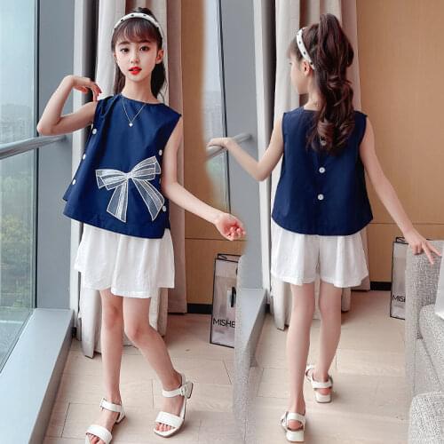Girls Clothes Set Korean Sleeveless Bowknot Pattern T-Shirt White Shorts 2pcs Teen Girls Clothing Children Outfits 6 8 10 12Year