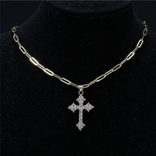 Micro paved white cubic zircon cross religious charm thick chain pendant necklace for woman man unisex
