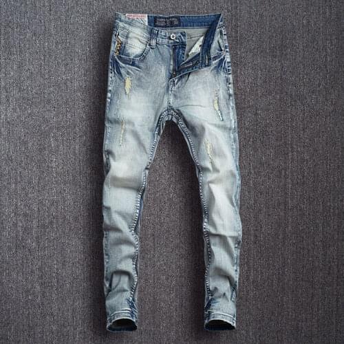 Korean Style Fashion Men Jeans Retro Light Blue Elastic Slim Fit Ripped Jeans Men Embroidery Designer Casual Denim Pencil Pants