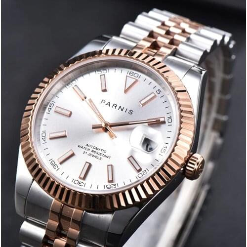 Parnis 39mm Automatic Movement Mens Watch Silver Dial Date Golden Coin Bezel Sapphire Glass Miyota 8215 Jubilee Bracelet