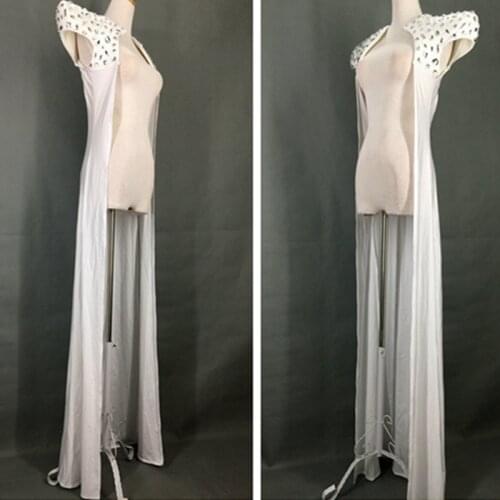 Singer Stage Costume Domineering Long Cape Rhinestone Robe White Coat Nightclub Wear DJ Gogos Leader Performance Outfit VDB2432