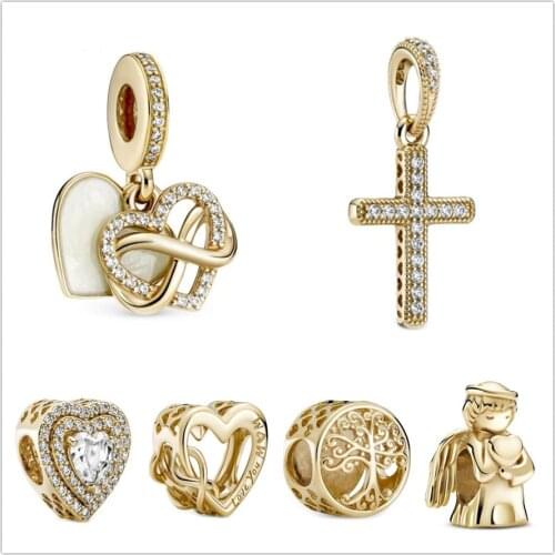 Authentic 925 Sterling Silver Gold Sparkling Infinity Heart Dangle Charm Beads Fit Pan Bracelet & Necklace Jewelry