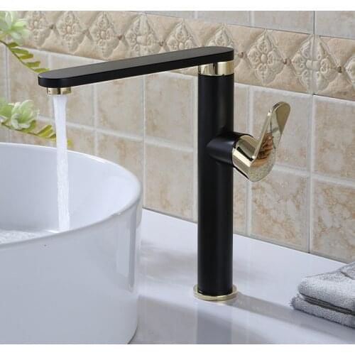 Luxury Modern Deck Mounted Single Handle solid brass Bathroom Sink Faucet Tall Basin Mixer Tap (Black & Gold)