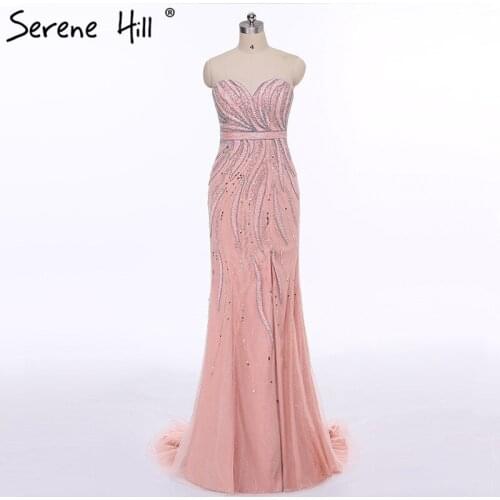 Pink Strapless Fashion Mermaid Sexy Evening Dress Long Fulle Beading Elegant Tulle Evening Dress 2020 Serene Hill LA6389