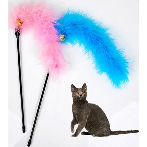 Pink Blue color Turkey Feather Wand Stick with Bell For Cat Toys Catcher Teaser Toy For Pet Kitten Jumping Train Add Fun PD068