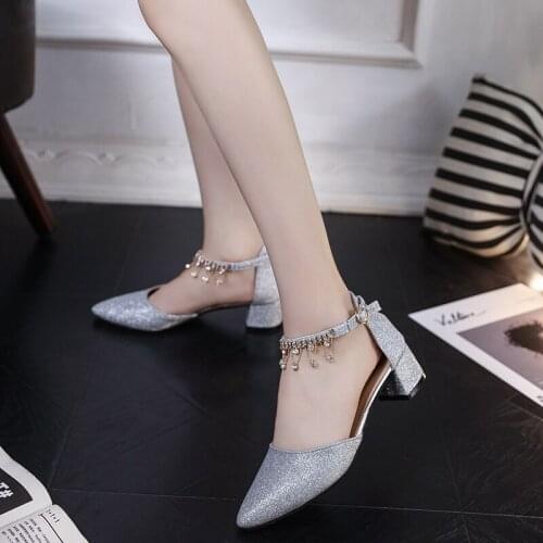 Rhinestone Sandals Kitten Heels Women Sandals Shoes Silver Gold Heels for Women Wedding Block Heels Chaussures Femme Pointure 42