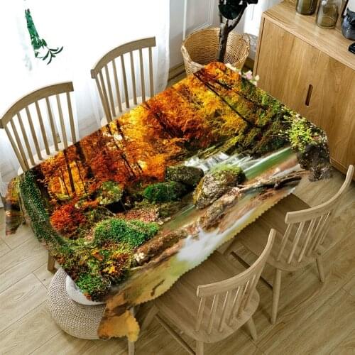 Thicken Cotton Tablecloth 3D Autumn Forest Pattern Stream Landscape Rectangular/Round Table Cloth for Wedding Picnic Party