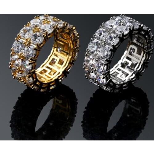 Sparkling cz paved gold Color Plated Ring AAA cubic zirconia 2 Row Chain ring Shiny Hip Hop Finger Ring for Men size 7 8 9 10 11