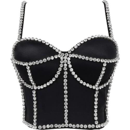 New In Rhinestone Top With Built In Bra Push Up Bralette Sleeveless Top Women Camis Off Shoulder Summer Sexy Nightclub Clothing