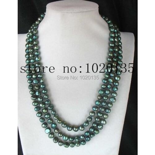 Wow! 3rows freshwater pearl green baroque 8-9mm necklace 19-21" nature long FPPJ