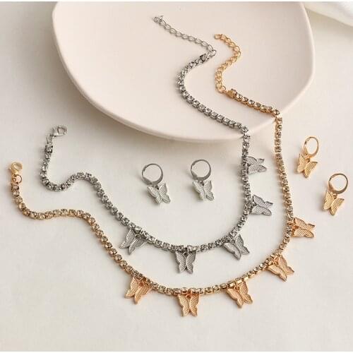 Vintage Temperament Rhinestone Crystal Butterfly Pendants Clavicle Chain Necklace & Earrings For Women Accessories Jewelry