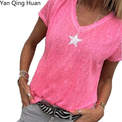 Yan Qing Huan 2019 Summer New Solid Color Star Print Slim Tees Short-sleeved V-neck Tops Casual Large Size S-5xl Womens T-shirt