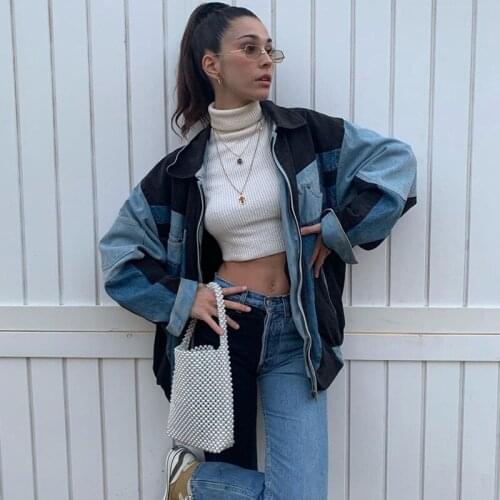 B-TOTO American Retro Stitching Denim Jacket Womens Trendy Ins Loose Short Spring And Autumn Jacket 2021