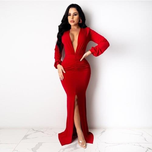 Autumn Womens New Style V-neck Long-sleeved Sexy Solid Color Bag Hip Split Fishtail Skirt 2021 Elegant Dress Red Long Skirt