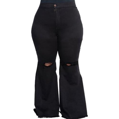 Womens Jeans Ripped Flared Jeans 2021 New Autumn Solid Color Sexy Stretch Long Pants Urban Casual Pants High Street Black Trend