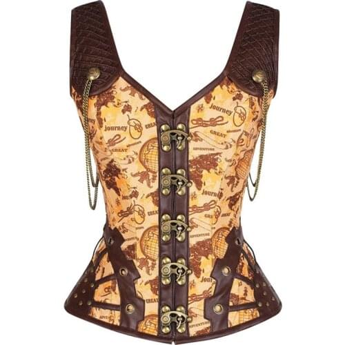 Gothic Steampunk Corset for Women Steampunk Clothing Steel Boned Vest Corset Tops Big Steel Buckled Bustier Corset with Chains