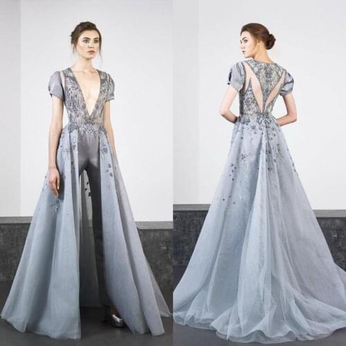 2020 Fashion Women Jumpsuit With Detachable Train Evening Dress Deep V Neck Pants Suit Special Occasion Gowns Red Carpet Dress