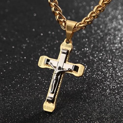 1pcs Stainless Steel Exquisite Crucifix Jesus Cross Necklace Christs Pendant Gold Byzantine Chain Necklaces Jewelry Gifts 24