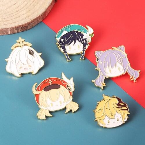 Anime Genshin Impact Enamel Pins Metal Cartoon Wendi Paimon Keqing Klee Tartaglia Brooch Backpack Hat Lapel Badge Jewelry Gift
