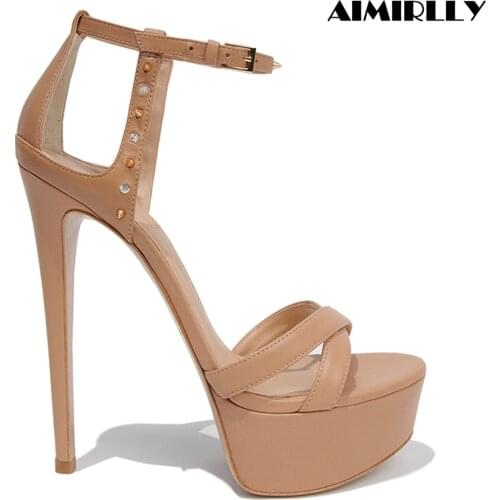 Women Shoes Open Toe High Heels Platform Sandals Cover Heel Studs Straps Ladies Party Clubwear Footwear Black Nude