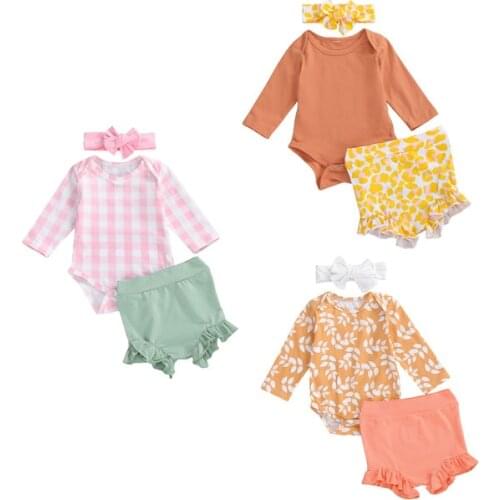 Newborn Baby Girl Cotton Knitted Long Sleeve Romper Bodysuit Top Floral Leopard Ruffled Shorts Set Outfit Fall Clothes