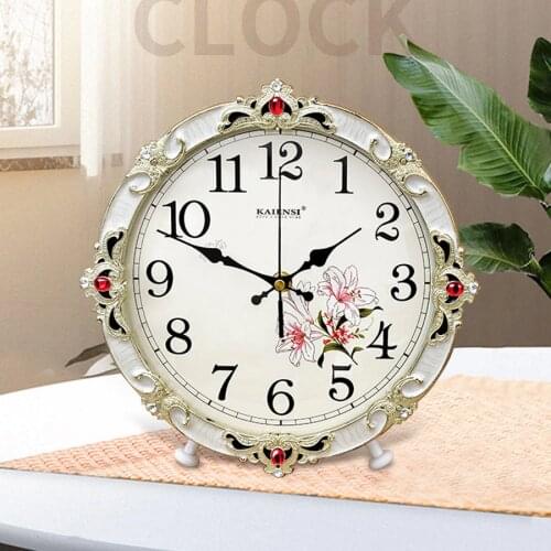 European Wood Table Clock Living Room Bedroom Desk Clock Retro Creative Sitting Clock Ornaments Large Simple Desktop Table Watch