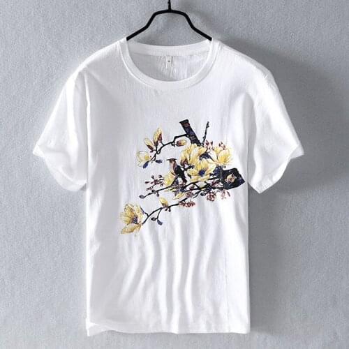 Floral Print Linen T-shirt Men Short Sleeve Chinese Style Casual Cotton Summer Boys White Oversized Tshirts Slim Graphic Tee 3xl
