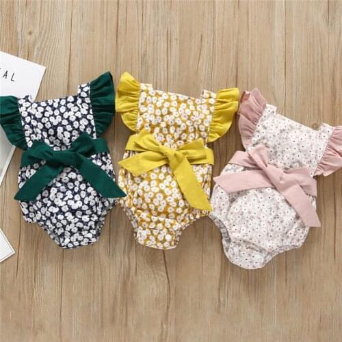 Baby Girls Floral Patchwork Romper Ruffle Sleeve Flowers Jumpsuit Cute Infant Summer Bow Belt Cotton Baby Girl Sunsuits 0-24M
