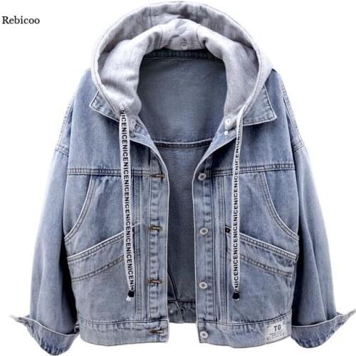 Women Denim Short Jacket Female Oversize Outerwear Loose Short BF Hooded Jeans Coat Big Pocket Tops Spring Autumn