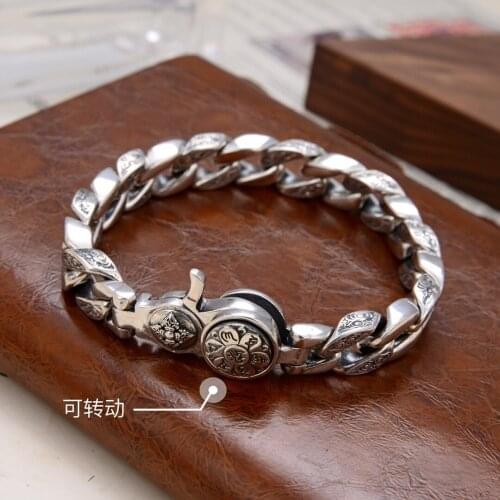 BOCAI Real S925 Silver Mens Bracelet Six-character Mantra of Buddhism Rotating Trendy Wide Version Domineering Retro Jewelry