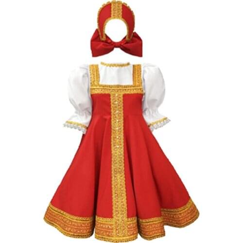 2021 New Halloween Children Russian Girls National Costumes Cosplay Festival Party Stage Costumes Red Ethnic Dress + Headpiece