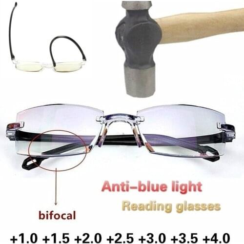 2021 Men Women Rimless Reading Glasses Anti Blue Light Bifocal Far Near Magnification Eyewear Presbyopic Glasses +1 1.5 2 2.5 4