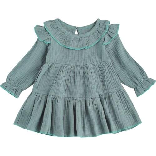 Toddler Baby Girl Spring Fall Dress Casual Long Sleeve Round Neck Solid Color Ruffle A-Line Loose Dress 1-4Y