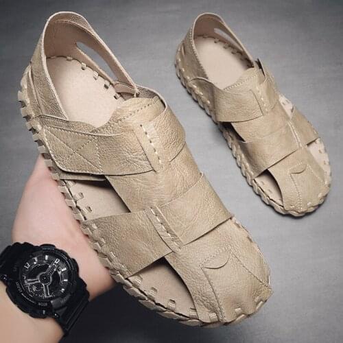 Mens Summer Sandals Leather Handmade Half Covered Hollow Sandals Soft Sole Comfortable Non Slip Casual Sandals Beach Shoes
