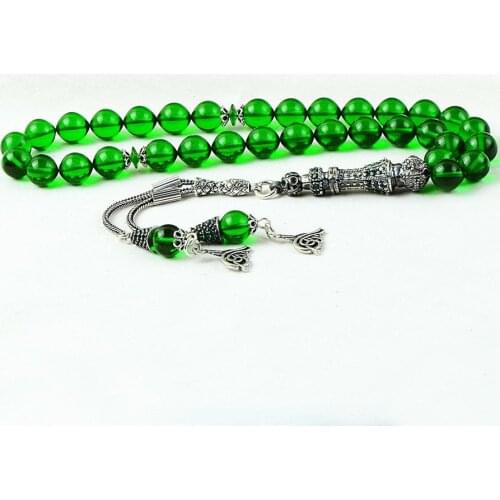 Silver Green Amber Gemstone Prayer Rosary Men Starling Cut Rosary With Silver Tassel Turkish Tasbih With Ornate Tassel