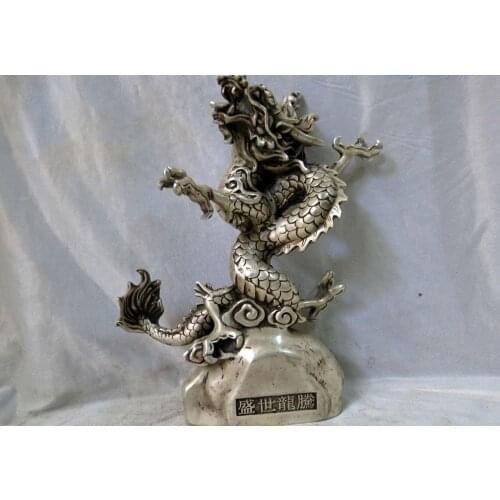 Silver sculpture China carved beautiful mythical creatures totem dragon Statue