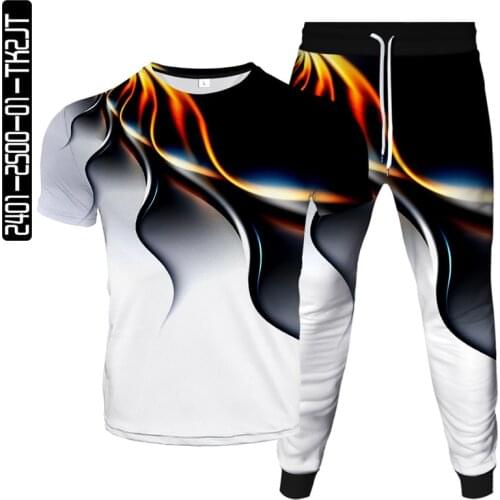 Spring and summer 3D round neck sweatshirt suit color line digital two-piece set