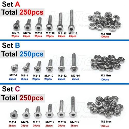 High-quality 250pcs M2 A2 Stainless Steel Screws Allen Bolts Hex Button Flat Socket Head Cap Screws With Nuts Set combination