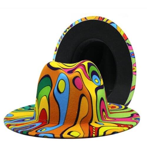 WZCX Geometry Graffiti Unisex Fashion New Spring Autumn Jazz Hat Wide Brim Women Personality Multicolor Cowboy Hat Felt Cap