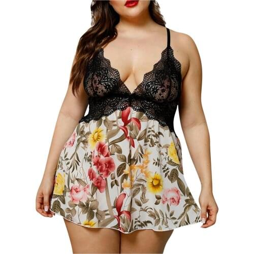 5XL Sexy V-neck Lace Floral Print Spaghetti Strap Night Dress Womens Nightie See Through Lace Sleepwear Sexy Backless Nightgown