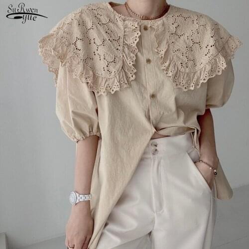 Sweet single-breasted shirt ladies loose 2021 summer solid color blouse female big lapel short-sleeved blouse 15735